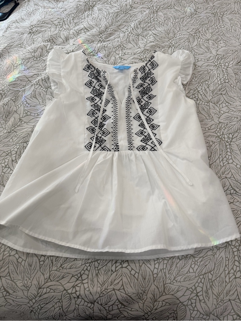Draper James White Top with Black Embroidery